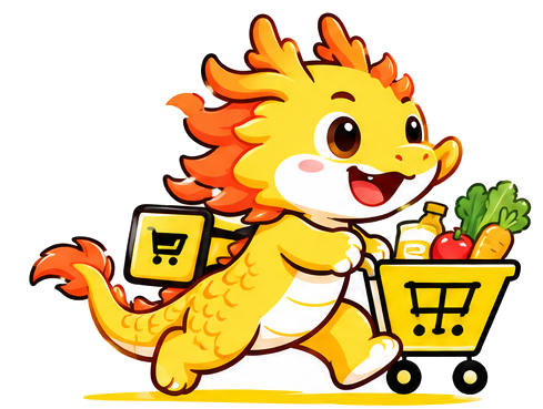 The cheerful Fast Long dragon with a basket of groceries